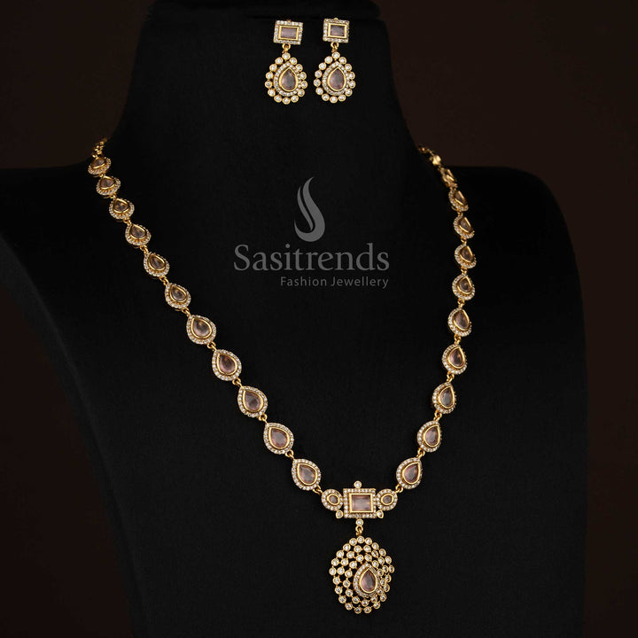 Elegant pink American Diamond matte gold plated teardrop rectangle motif long necklace for stylish functions - Sasitrends