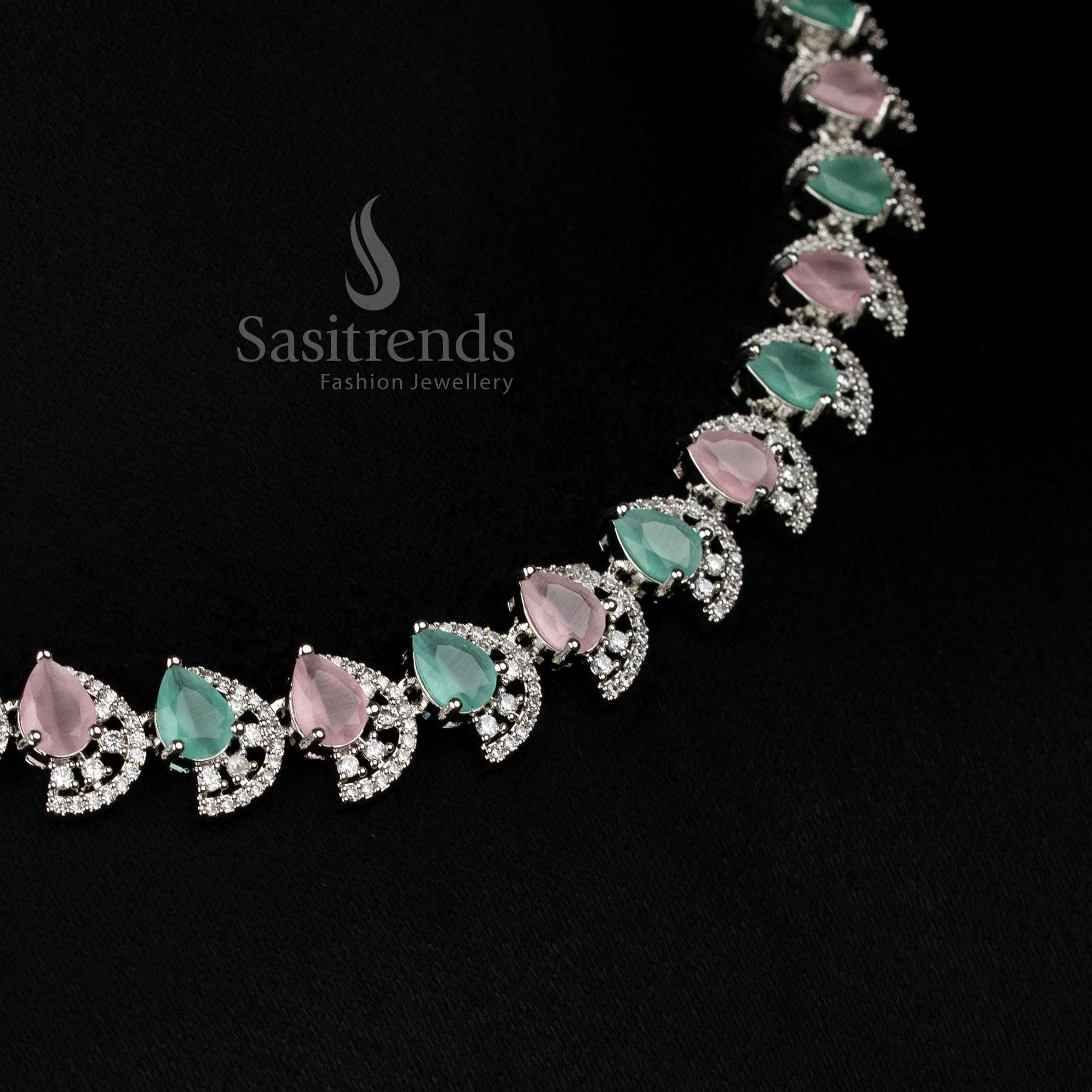 Elegant pink mint rhodium silver teardrop AD necklace jewellery set with polished dual tone finish - Sasitrends