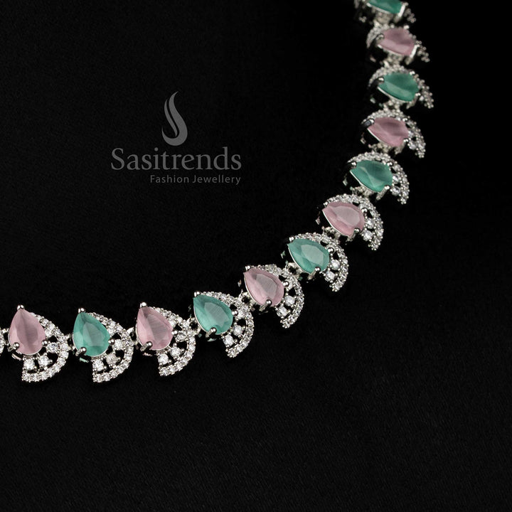 Elegant pink mint rhodium silver teardrop AD necklace jewellery set with polished dual tone finish - Sasitrends
