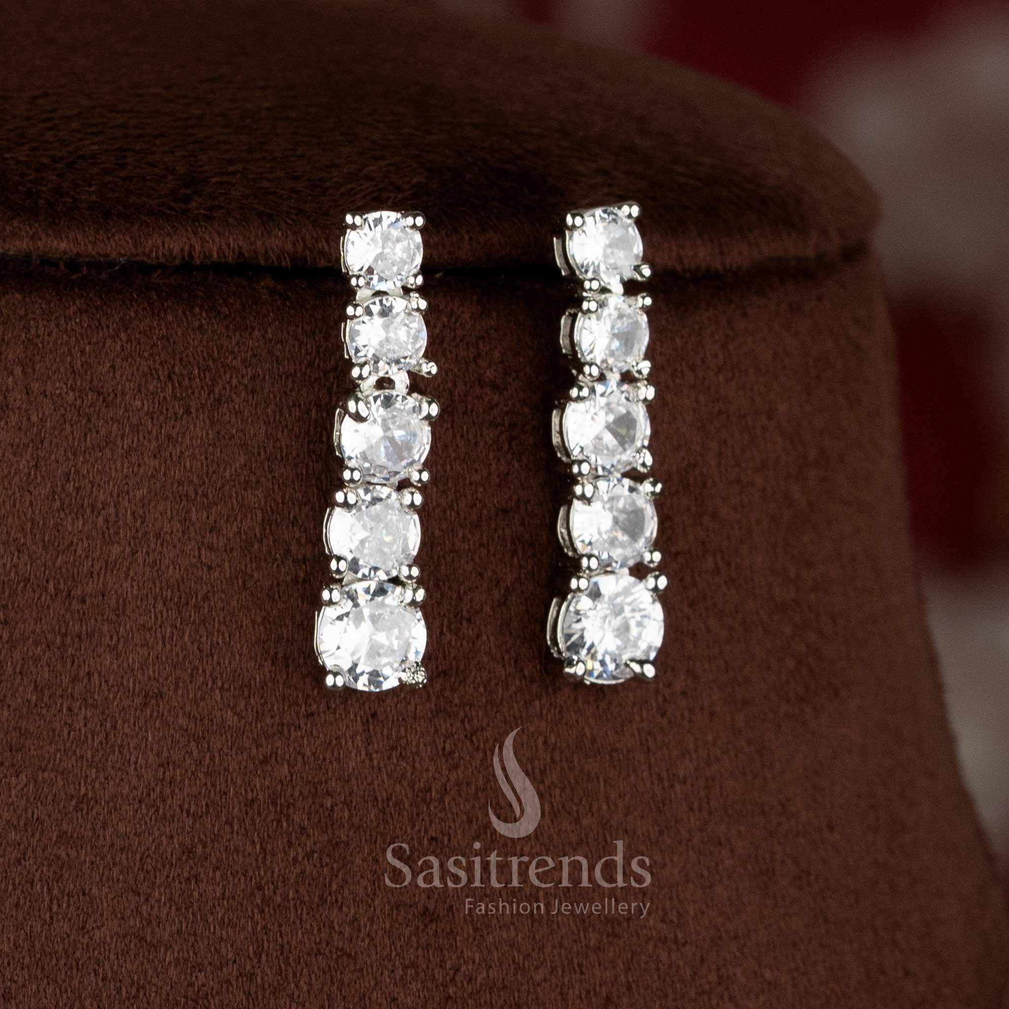 Chic rhodium silver plated white American Diamond round stone earrings for contemporary party and event wear – Sasitrends