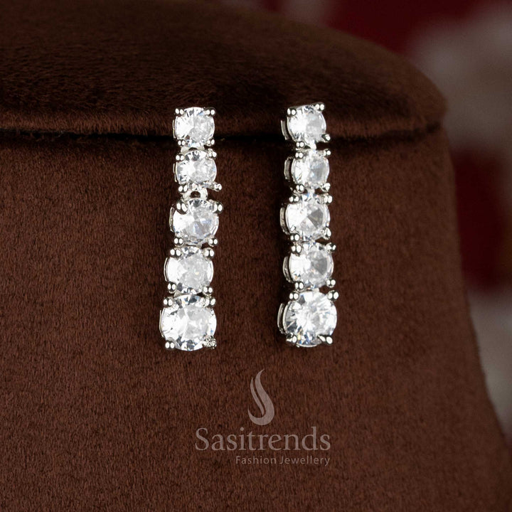 Chic rhodium silver plated white American Diamond round stone earrings for contemporary party and event wear – Sasitrends