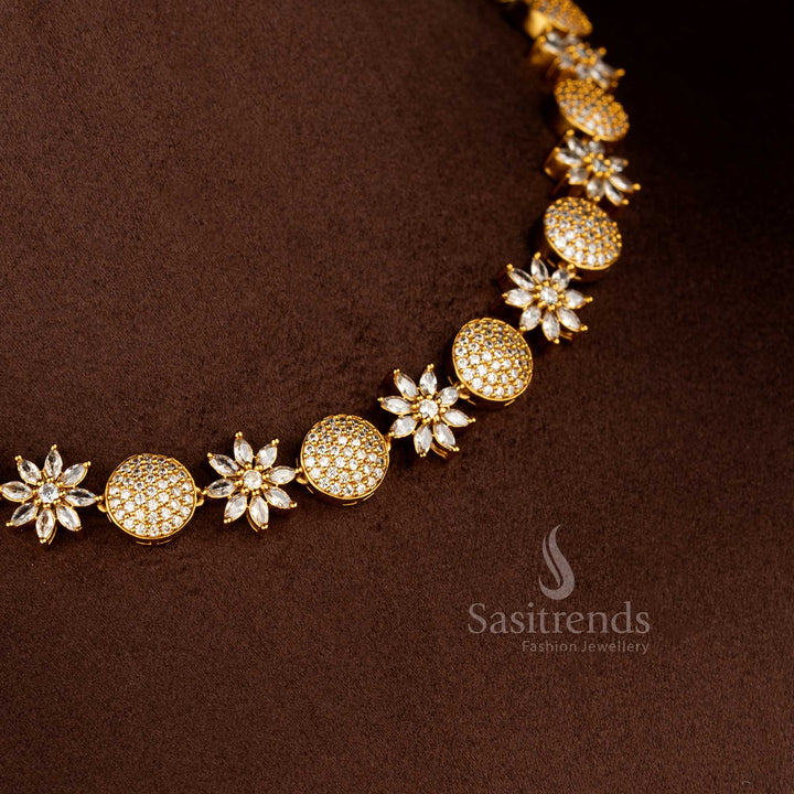 American diamond matte gold plated white floral and round necklace for elegant saree and festive occasions – Sasitrends