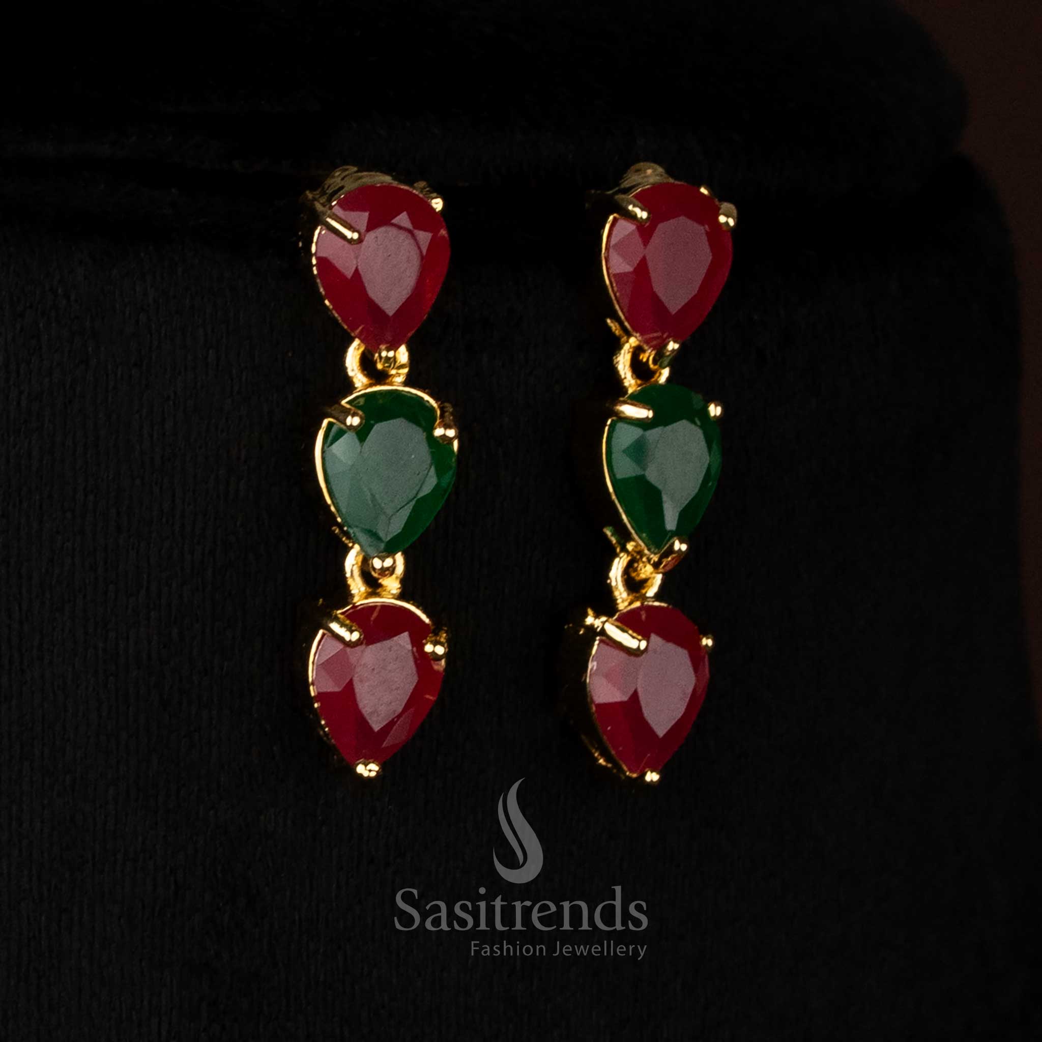 Luxurious ruby-green American Diamond teardrop earrings featuring micro gold plating, perfect for elegant evenings, festivals, and special occasions - Sasitrends