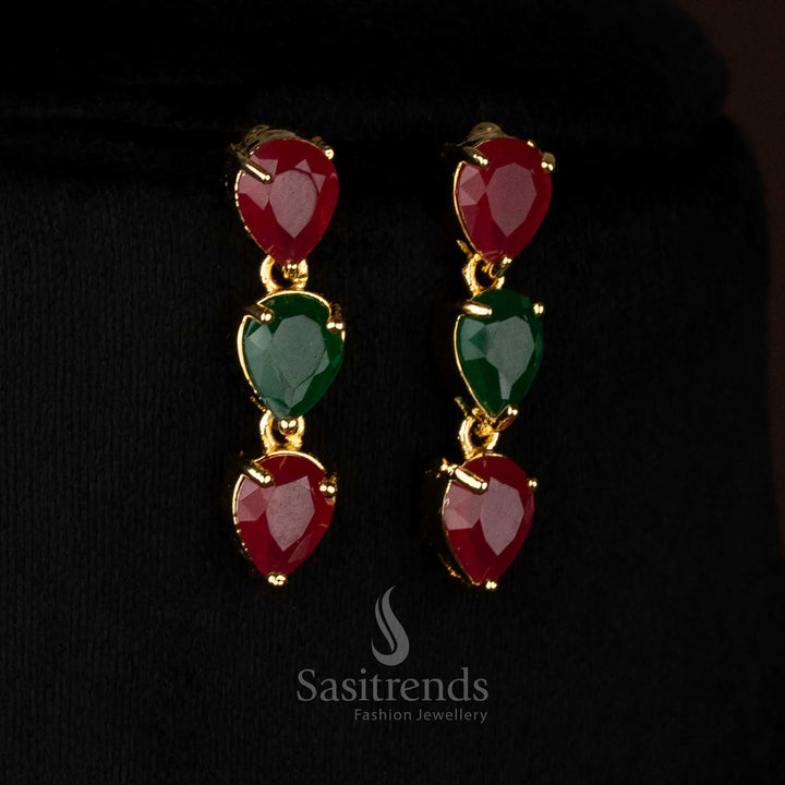 Luxurious ruby-green American Diamond teardrop earrings featuring micro gold plating, perfect for elegant evenings, festivals, and special occasions - Sasitrends