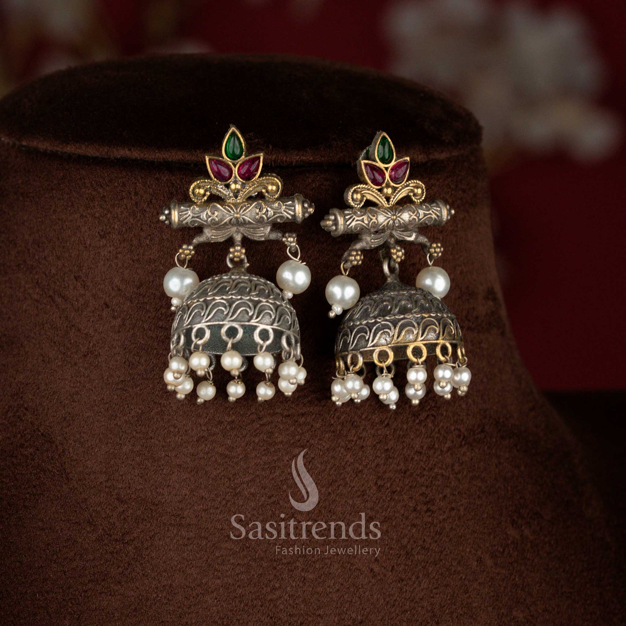 Charming ruby-green dual tone oxidised mandala floral pearl stud earrings for festive styling – Sasitrends