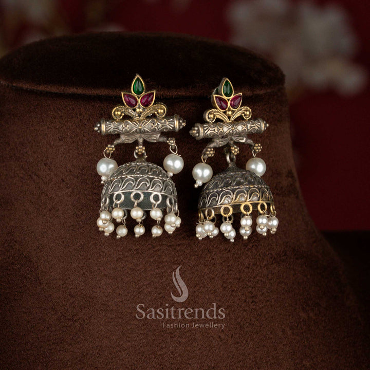 Charming ruby-green dual tone oxidised mandala floral pearl stud earrings for festive styling – Sasitrends