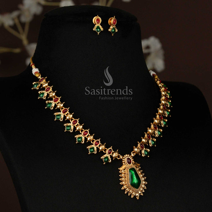 Classic matte gold plated pendant necklace set with green oval-cut floral drops and pear-shaped centrepiece – temple jewellery exuding bridal tradition and cultural charm – Sasitrends