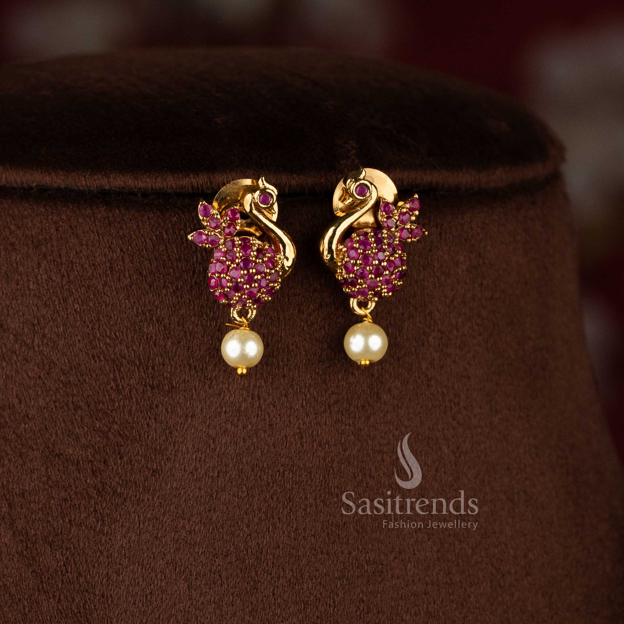 Delicate ruby matte gold peacock AD earrings, beautiful accessory for wedding and traditional occasions - Sasitrends
