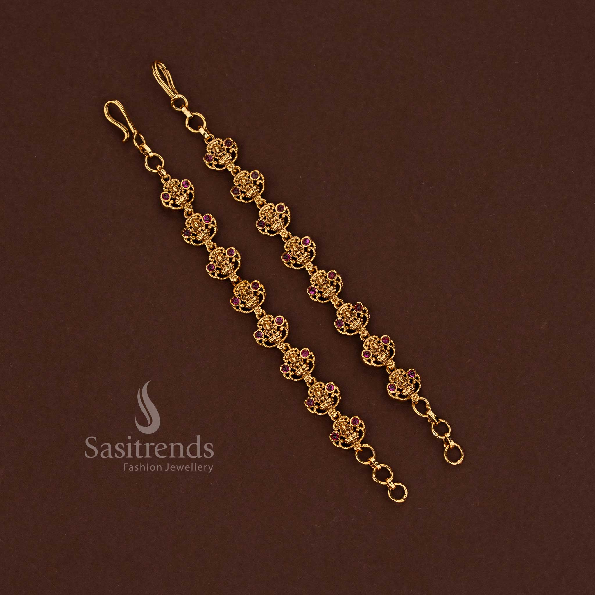 Royal ruby filigree temple premium matte gold plated Lakshmi motif matil ear chain crafted for saree ensembles, festive temple outings and cultural gatherings - Sasitrends