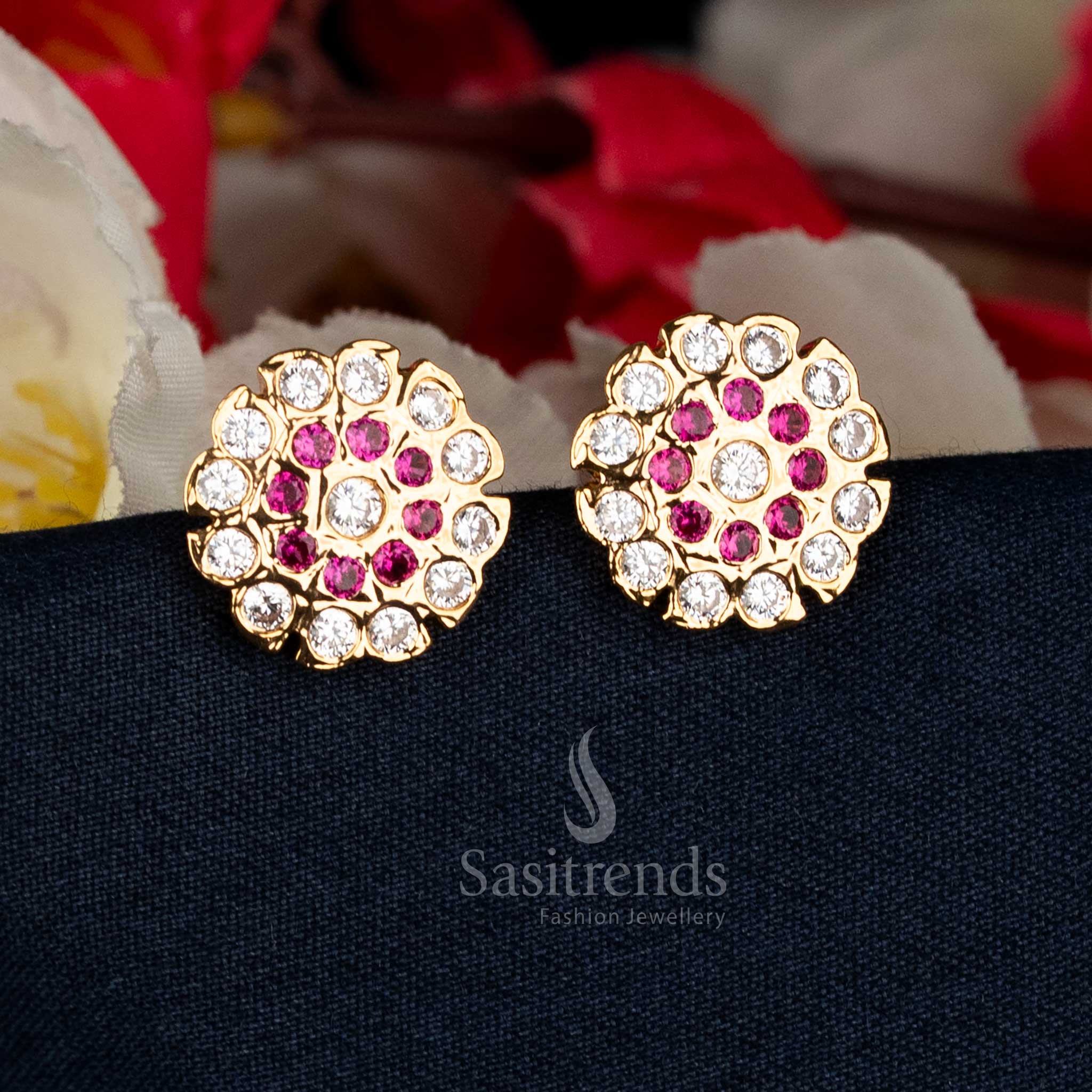 Graceful ruby-white Impon Addigai micro gold plated AD stone round cluster stud earrings designed with detailed artistry for temple and bridal elegance – Sasitrends