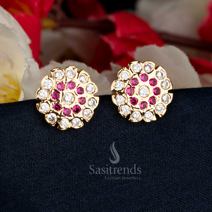 Graceful ruby-white Impon Addigai micro gold plated AD stone round cluster stud earrings designed with detailed artistry for temple and bridal elegance – Sasitrends