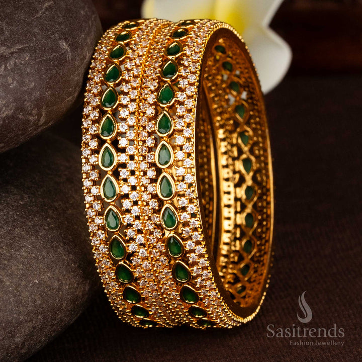 Timeless bloom micro gold plated teardrop American diamond white green kada bangles with refined beauty jewellery - Sasitrends
