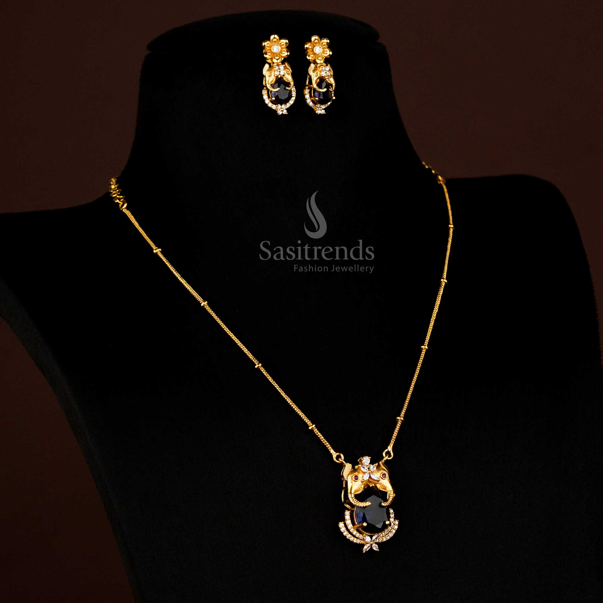Exquisite Temple Matte Gold Plated Elephant Pendant Chain With Earrings Blue Stone Jewellery Perfect For Festive Functions By Sasitrends