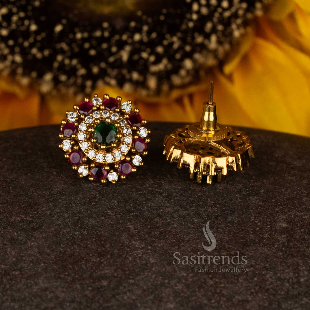 Regal premium temple matte gold plated circular stone stud earrings crafted with detailed motifs and festive glow - Sasitrends