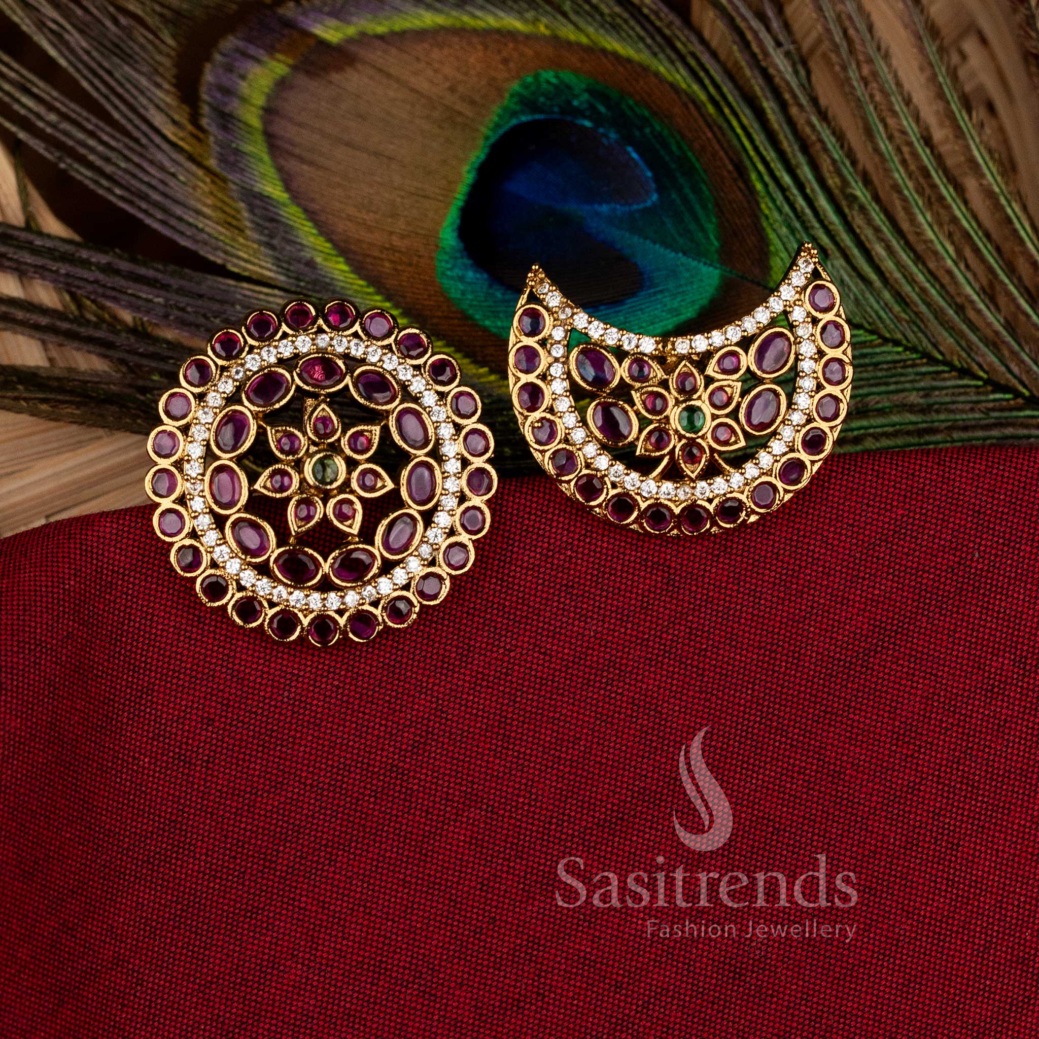 Radiant temple matte gold plated floral crescent jadai billai hair accessories, exquisitely designed for bridal festive wear and timeless cultural beauty by Sasitrends