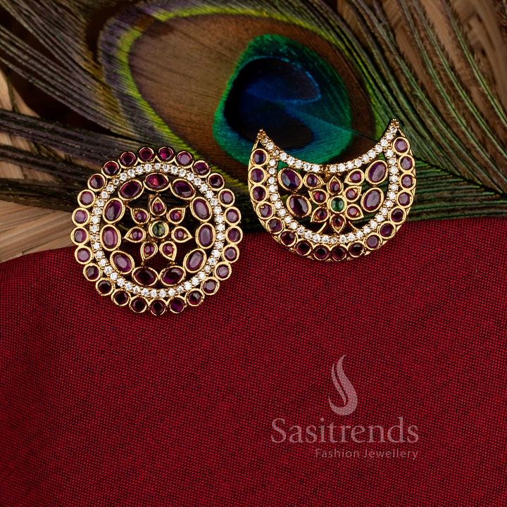 Temple Matte Gold Plated Lotus Floral Crescent AD Stone Jadai Billai Hair Accessories Set - Sasitrends