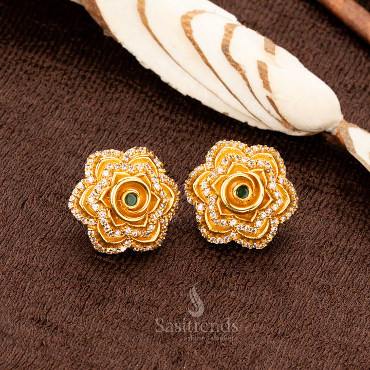 Captivating AD Stone Rose Flower Design Temple Matte Gold Finished Stud Earrings