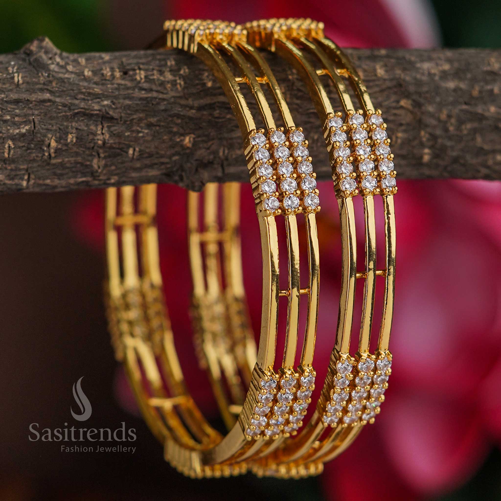 Heritage inspired triple row micro gold plated bangles pair decorated with luminous white American diamond stones, a luxury festival jewellery treasure for timeless elegance – Sasitrends
