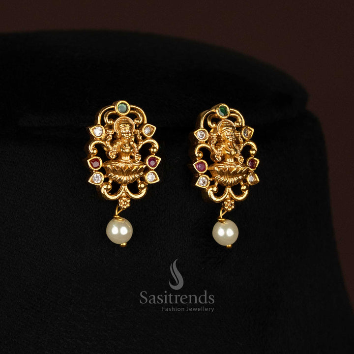 Stunning Temple Jewellery In Matte Gold Finish With Three Layer Pearl Choker, Antique Lakshmi Pendant And Matching Earrings – Perfect For Bridal And Ethnic Wear – Sasitrends