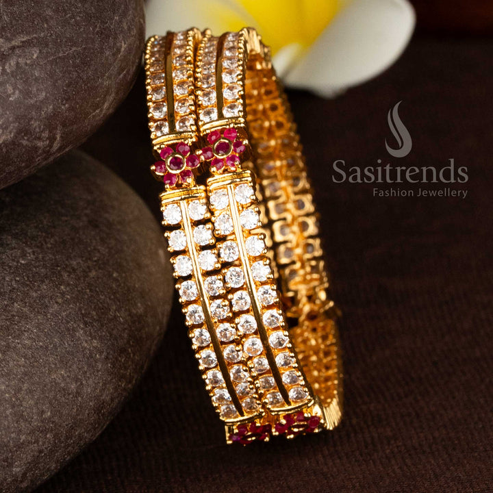 Exquisite floral motif two line micro gold plated American diamond bangles in white ruby accent with one year guaranteed elegant jewellery - Sasitrends