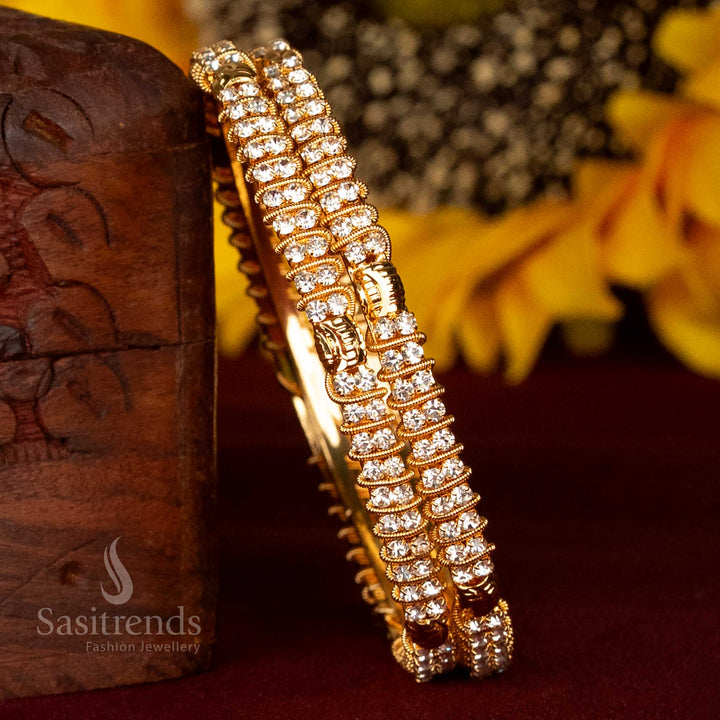 One Gram Guaranteed Traditional Micro Gold Plated Bangles with Structured Stone Rows and Raised Detailing For Festive Wear - Sasitrends
