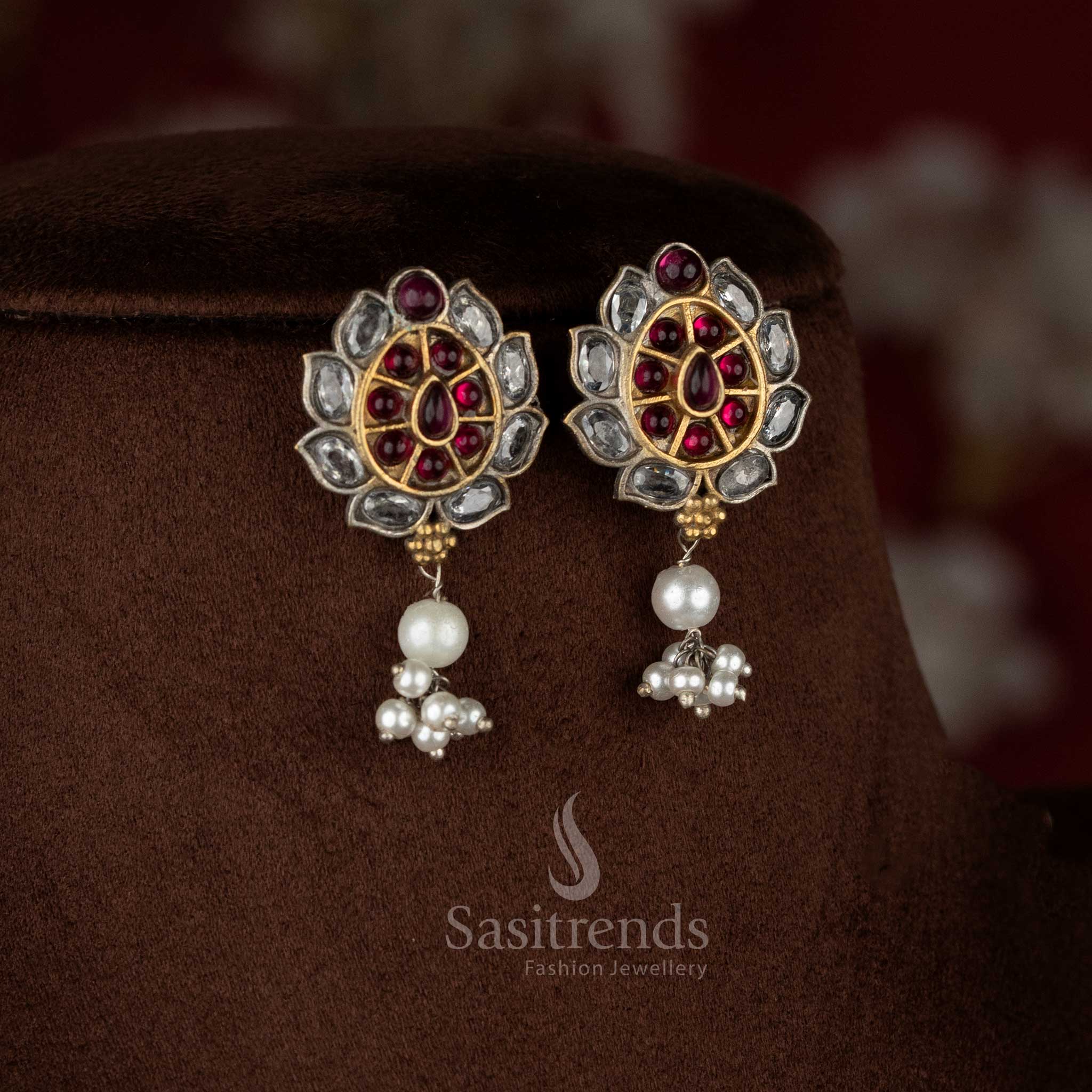 Charming Twilight Charm oxidised white-ruby floral cluster teardrop earrings for celebration-ready Navaratri styling – Sasitrends