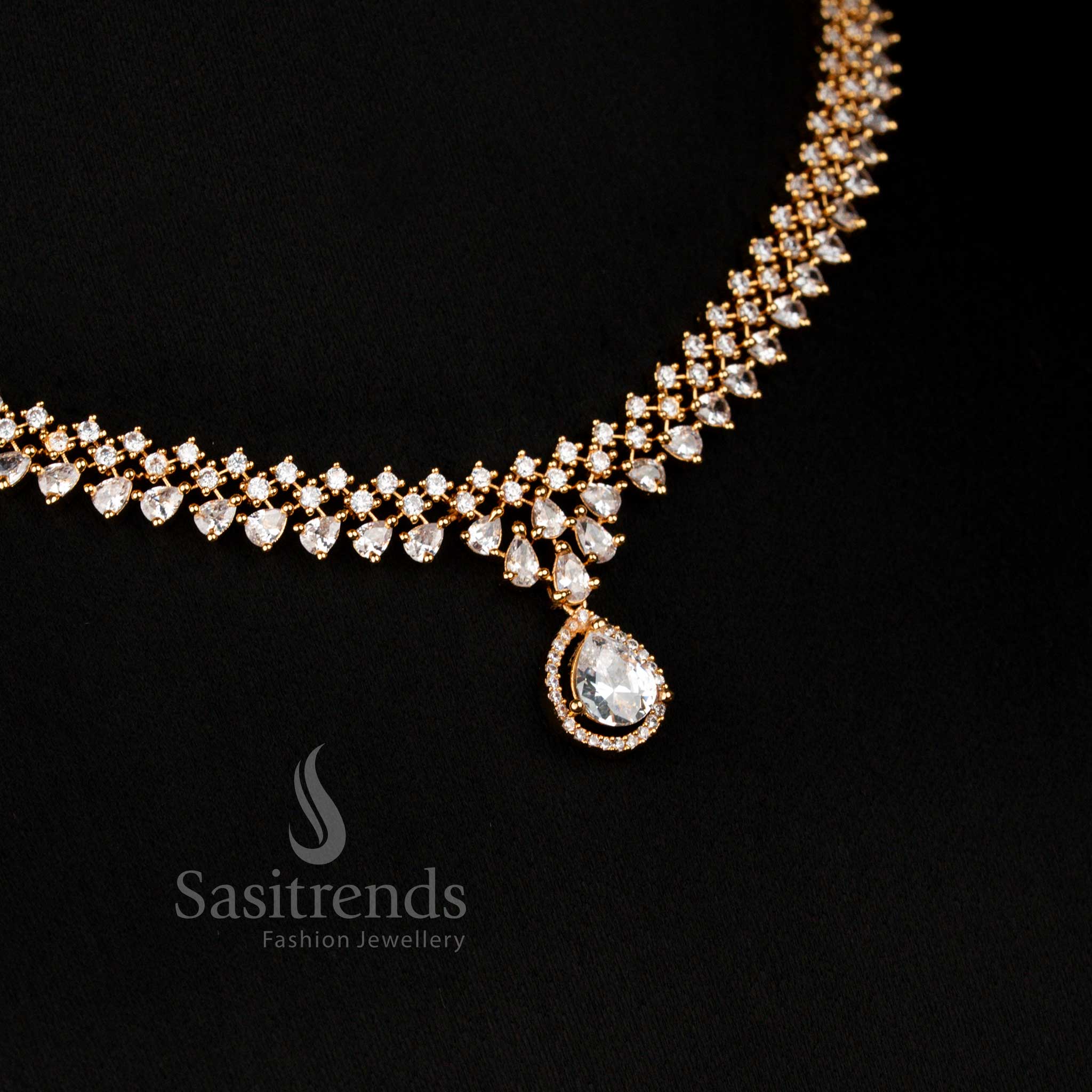 Opulent white American Diamond Micro Gold Plated marquise necklace with multi-line design for cultural events – Sasitrends