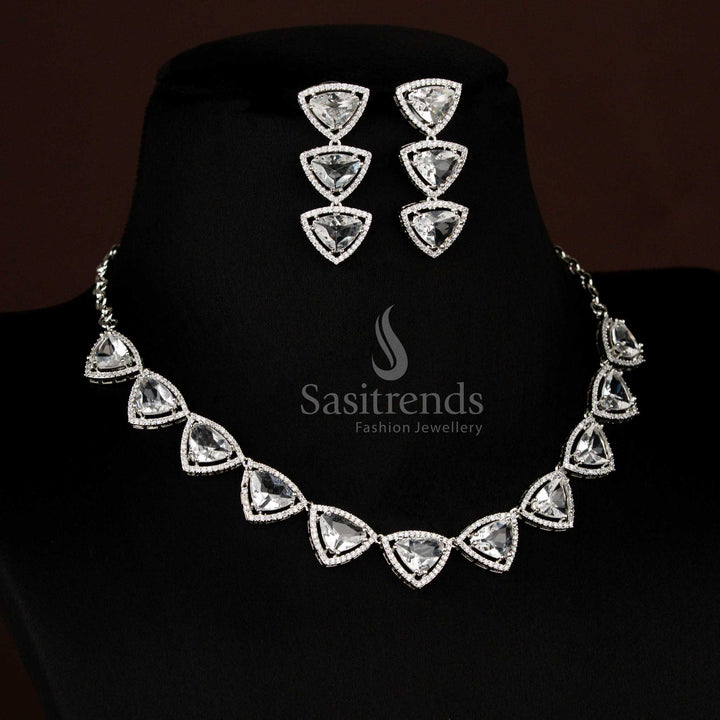 Elegant American Diamond Rhodium Silver Plated Triangular Shaped Necklace Jewellery Set – Wedding & Party Wear