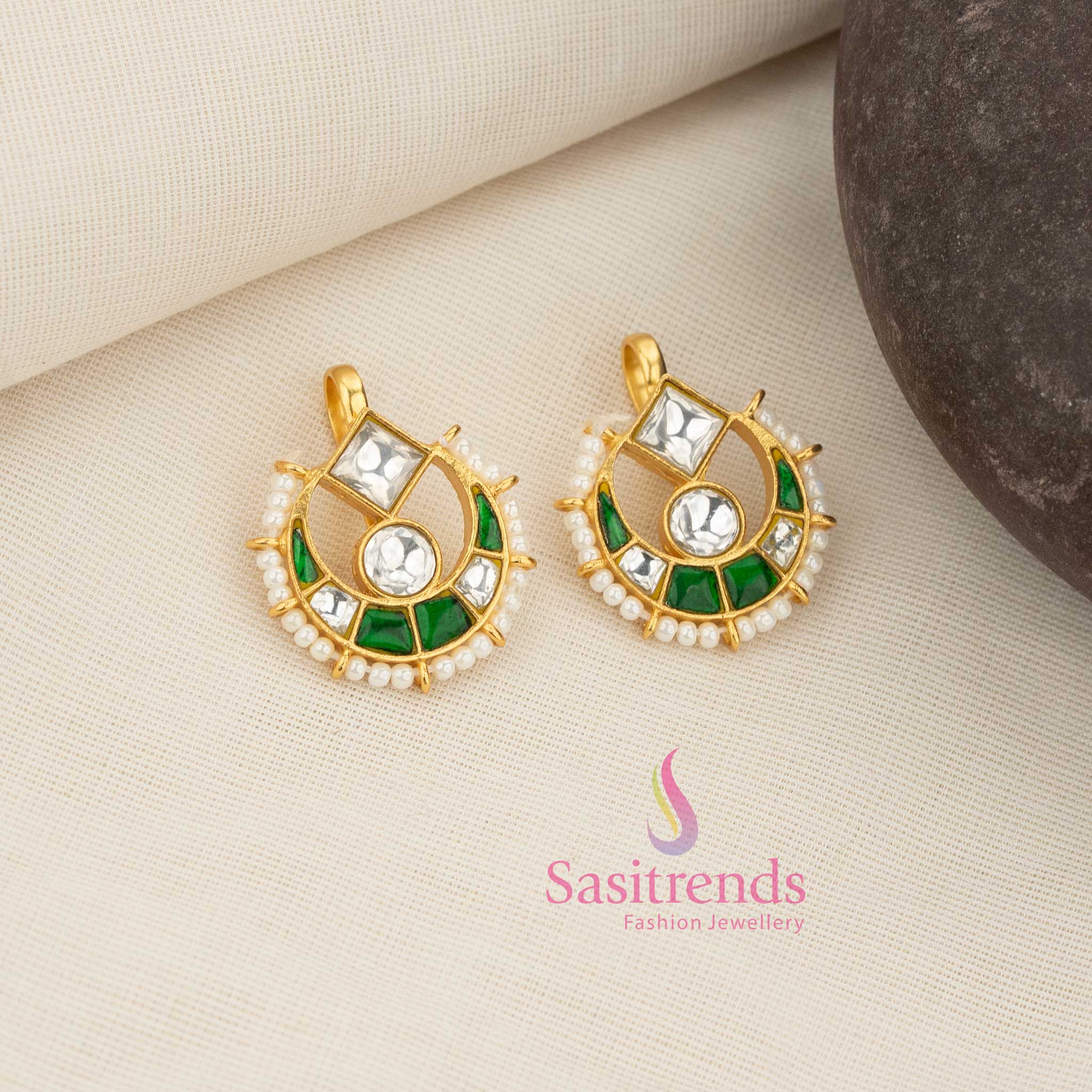 Harmonious white-green 24K Jadau Kundan bugadi earcuff earrings with decorative stone top and pearl accents, suited for classical functions, devotional festivals and heritage-inspired outfits - Sasitrends