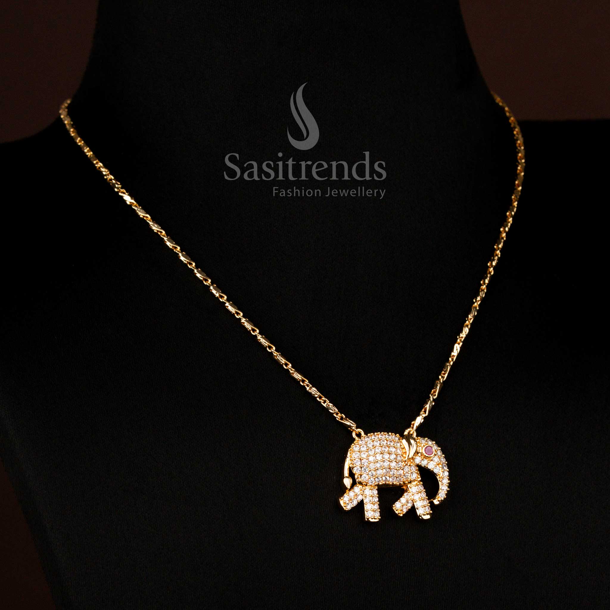 Luxurious White Guaranteed Micro Gold Plated Elephant Pendant Chain Necklace adorned with sparkling AD stones, perfect for festive gatherings, cultural events, and grand wedding receptions – Sasitrends