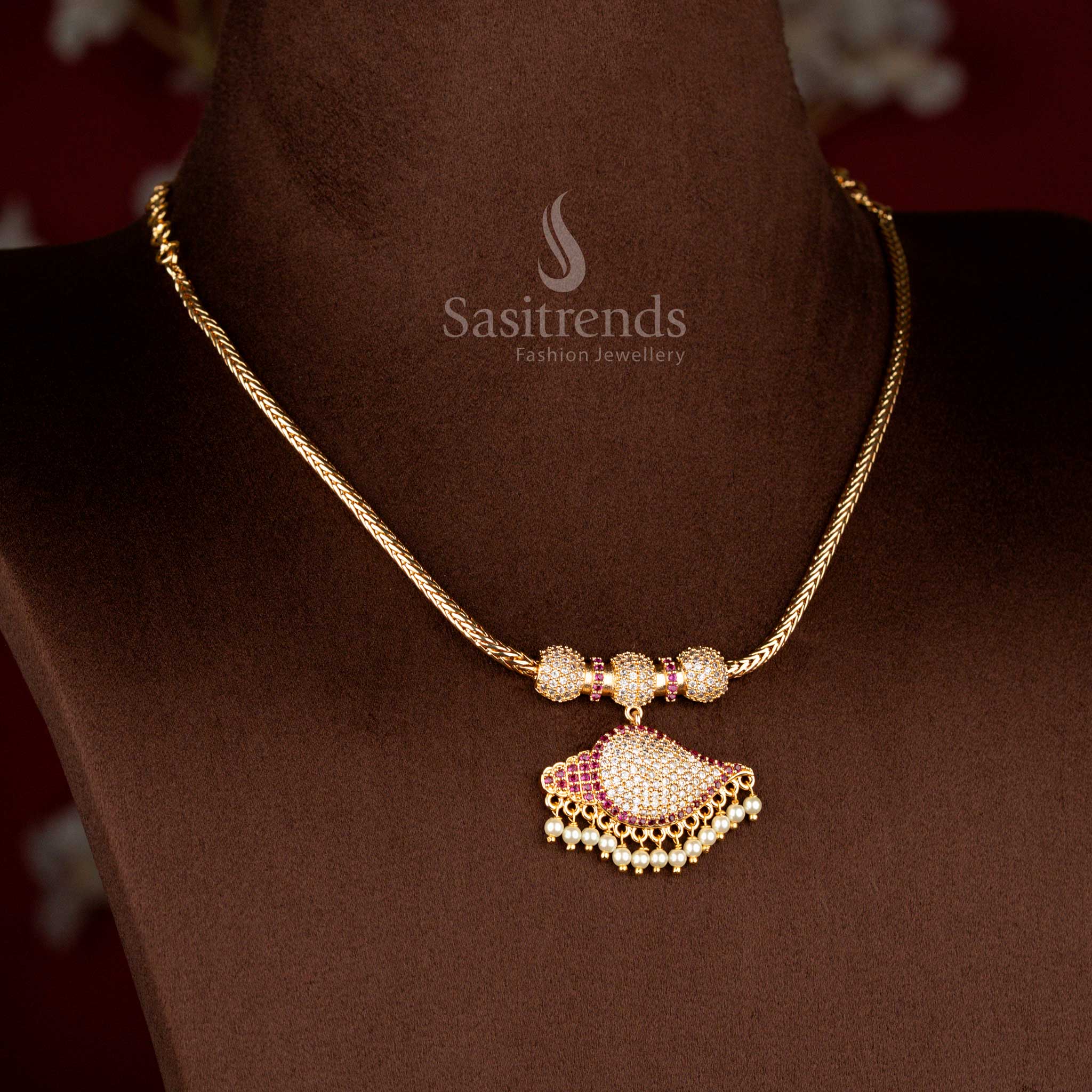 Charming white-ruby traditional micro gold plated pendant chain necklace with pearl hangings suitable for wedding receptions and festive styling – Sasitrends