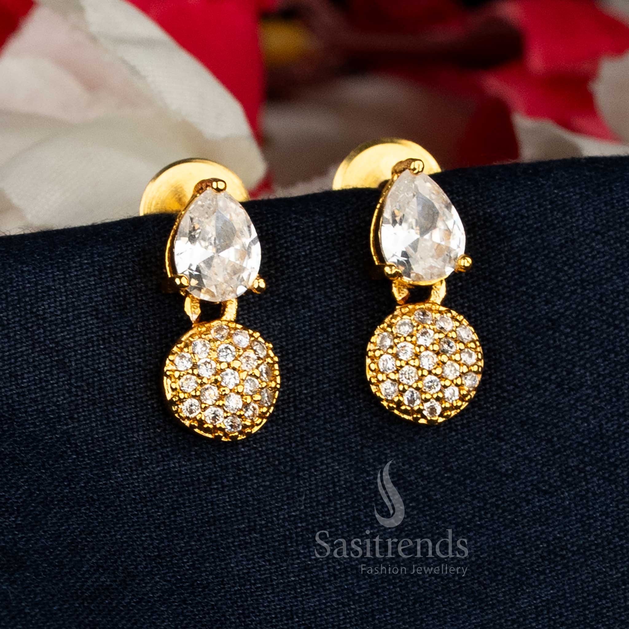 Graceful white teardrop and round cluster American diamond gold plated earrings exuding timeless charm for classic party and cultural wear – Sasitrends