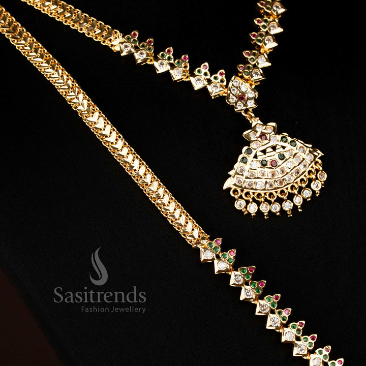 Luxurious micro gold Impon long short combo necklace jewellery set with colourful multi stone arrangements for cultural occasions - Sasitrends