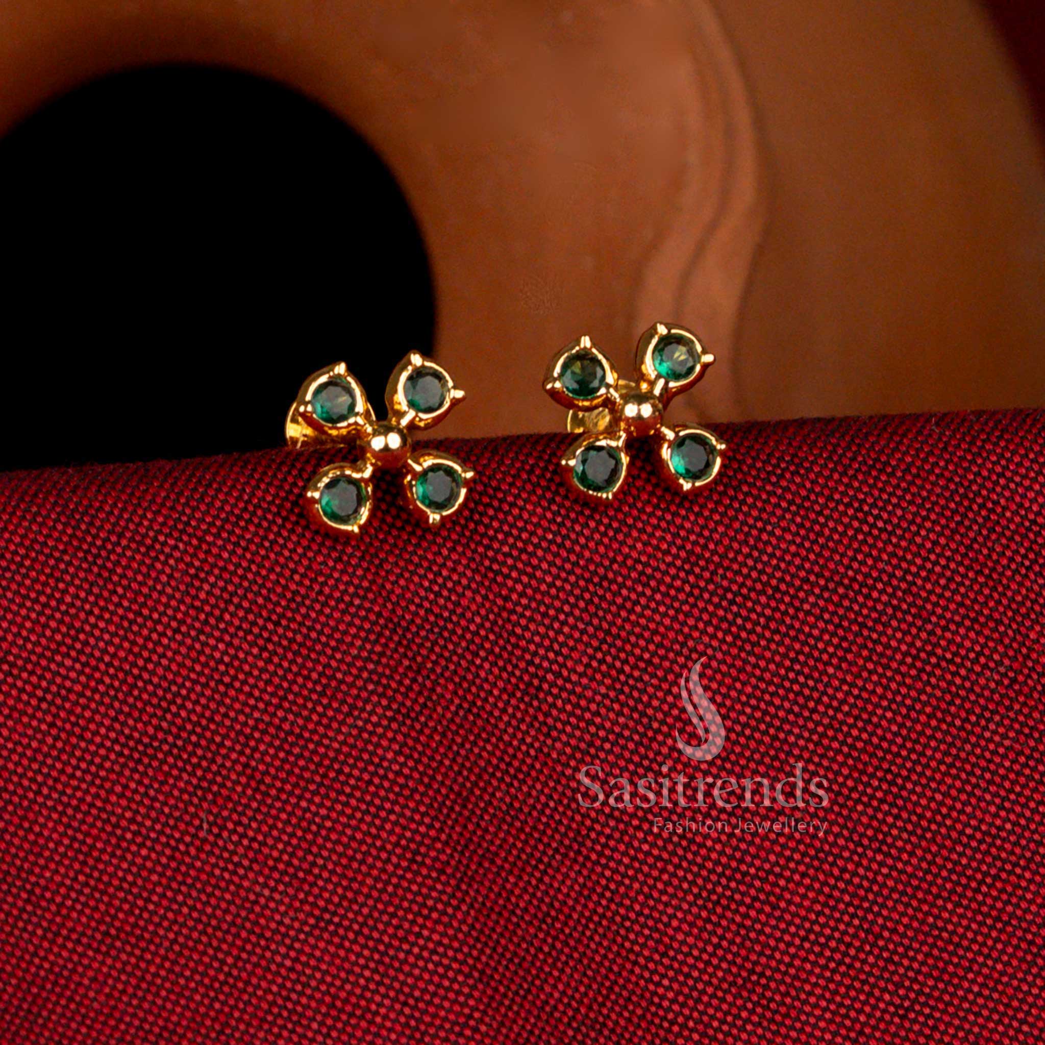 Opulent Premium Impon 24K micro gold plated petal cluster AD stone stud earrings in green brilliance ideal for weddings and cultural functions – Sasitrends
