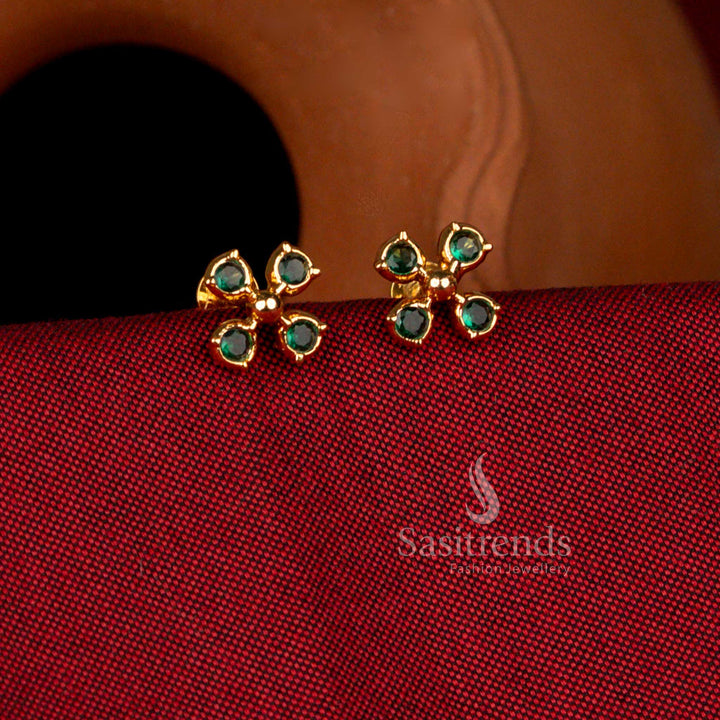Opulent Premium Impon 24K micro gold plated petal cluster AD stone stud earrings in green brilliance ideal for weddings and cultural functions – Sasitrends