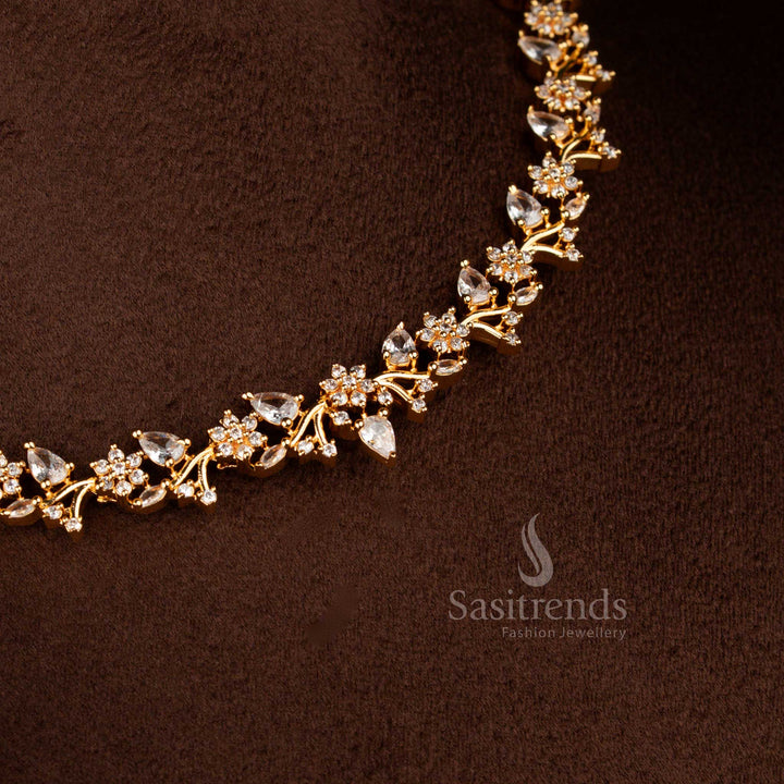 Radiant micro gold plated American diamond floral vine garland necklace in white sparkle perfect for bridal rituals and festive functions – Sasitrends