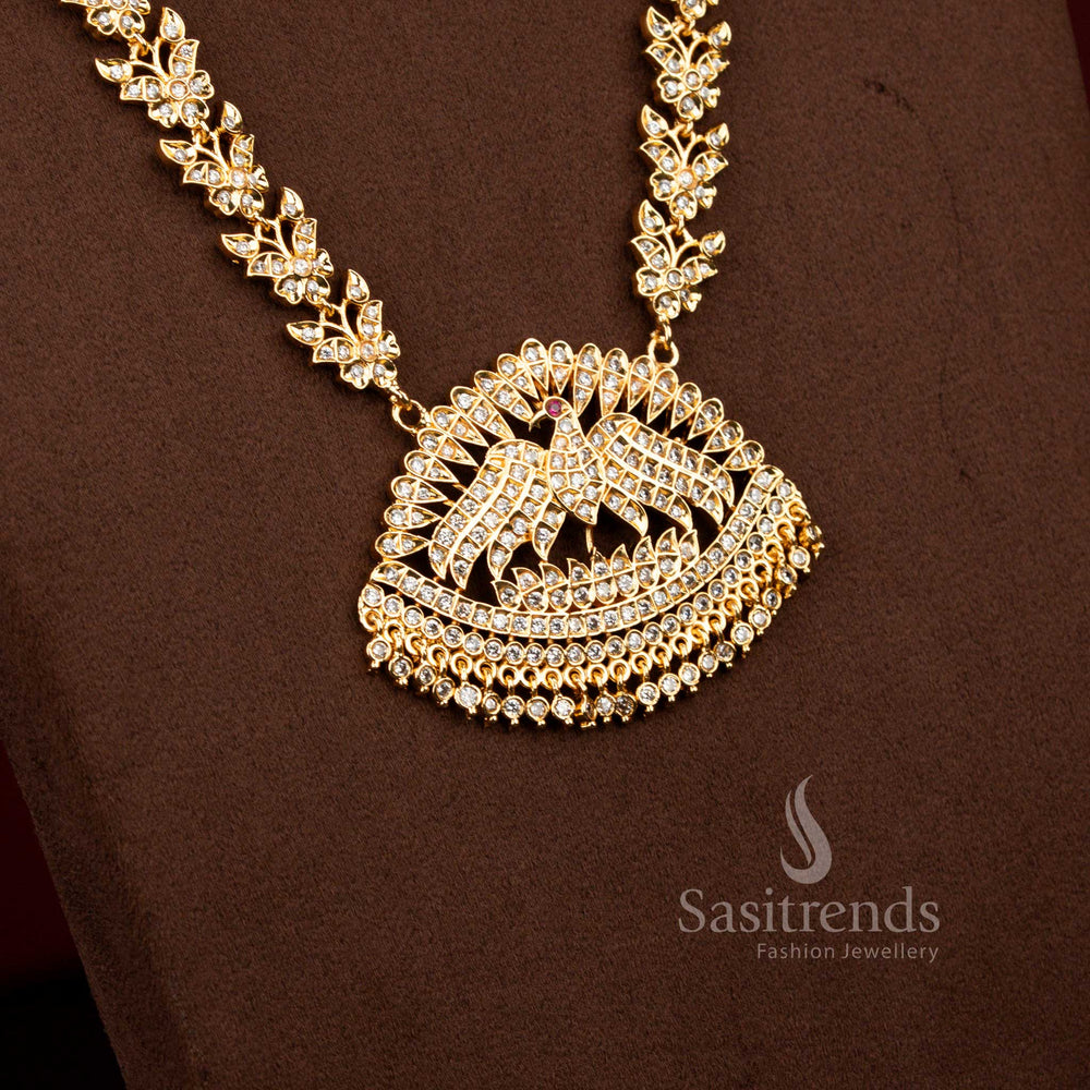 Radiant micro gold plated crescent Garuda butterfly long haram necklace in white sparkle perfect for temple ceremonies and weddings – Sasitrends