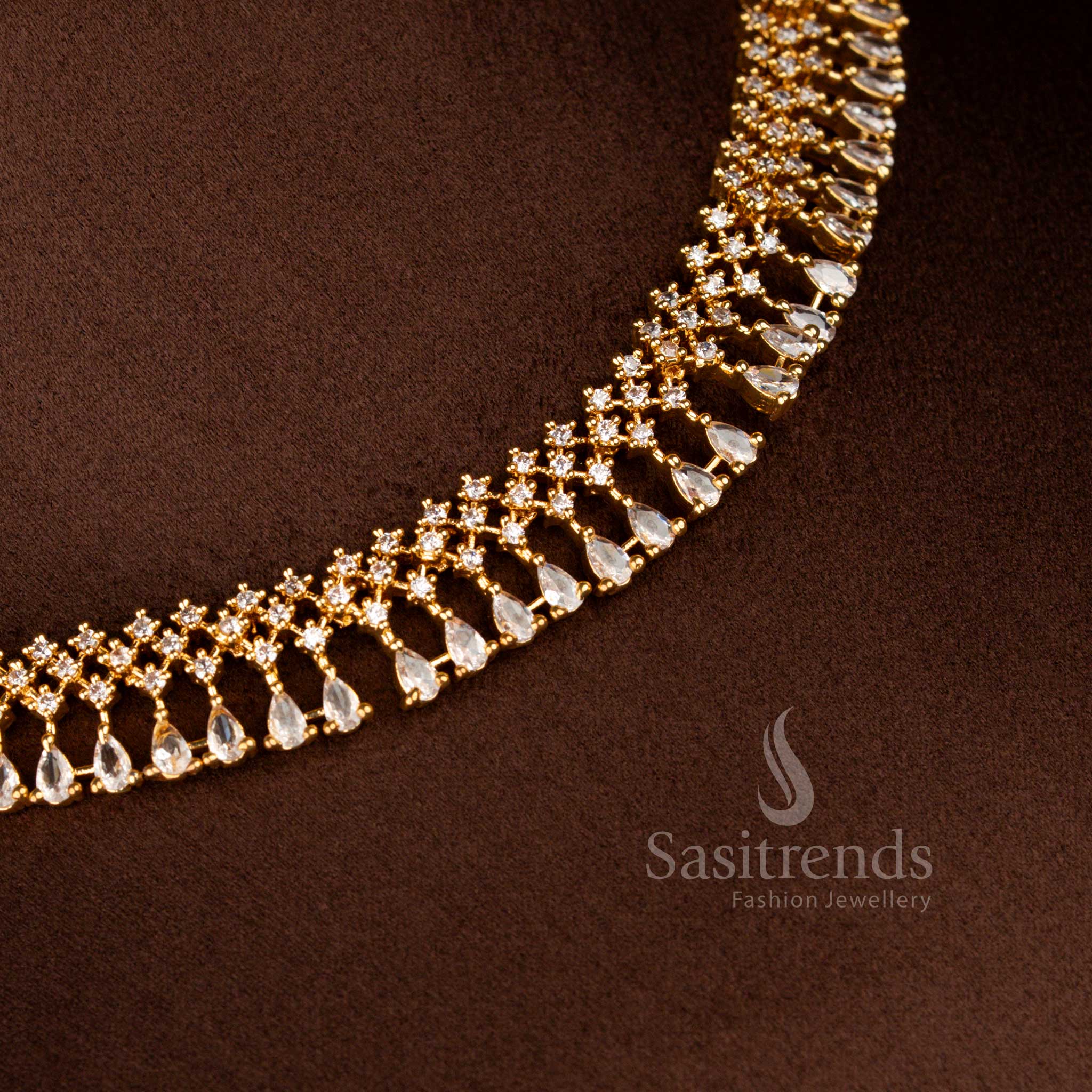 Opulent micro gold plated American Diamond floral necklace in white with round and pear cut stones – Sasitrends