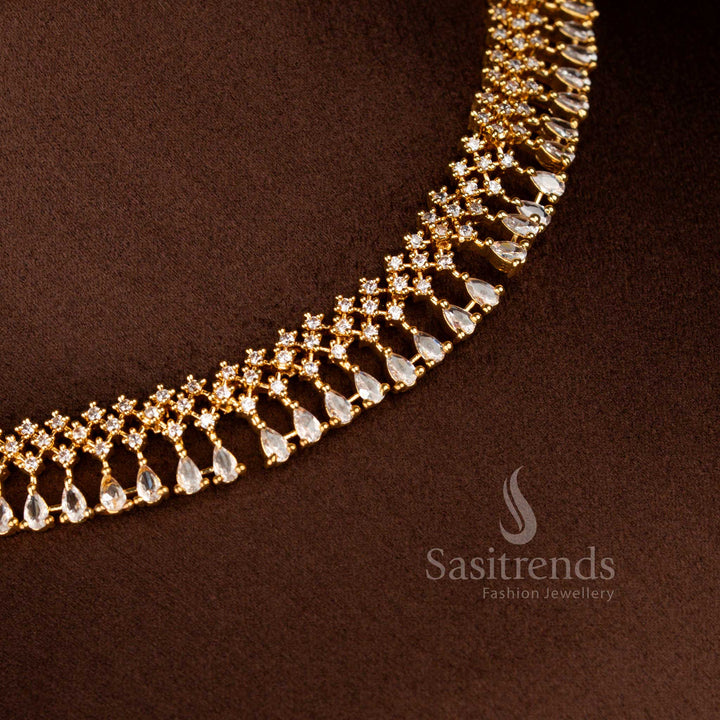Opulent micro gold plated American Diamond floral necklace in white with round and pear cut stones – Sasitrends