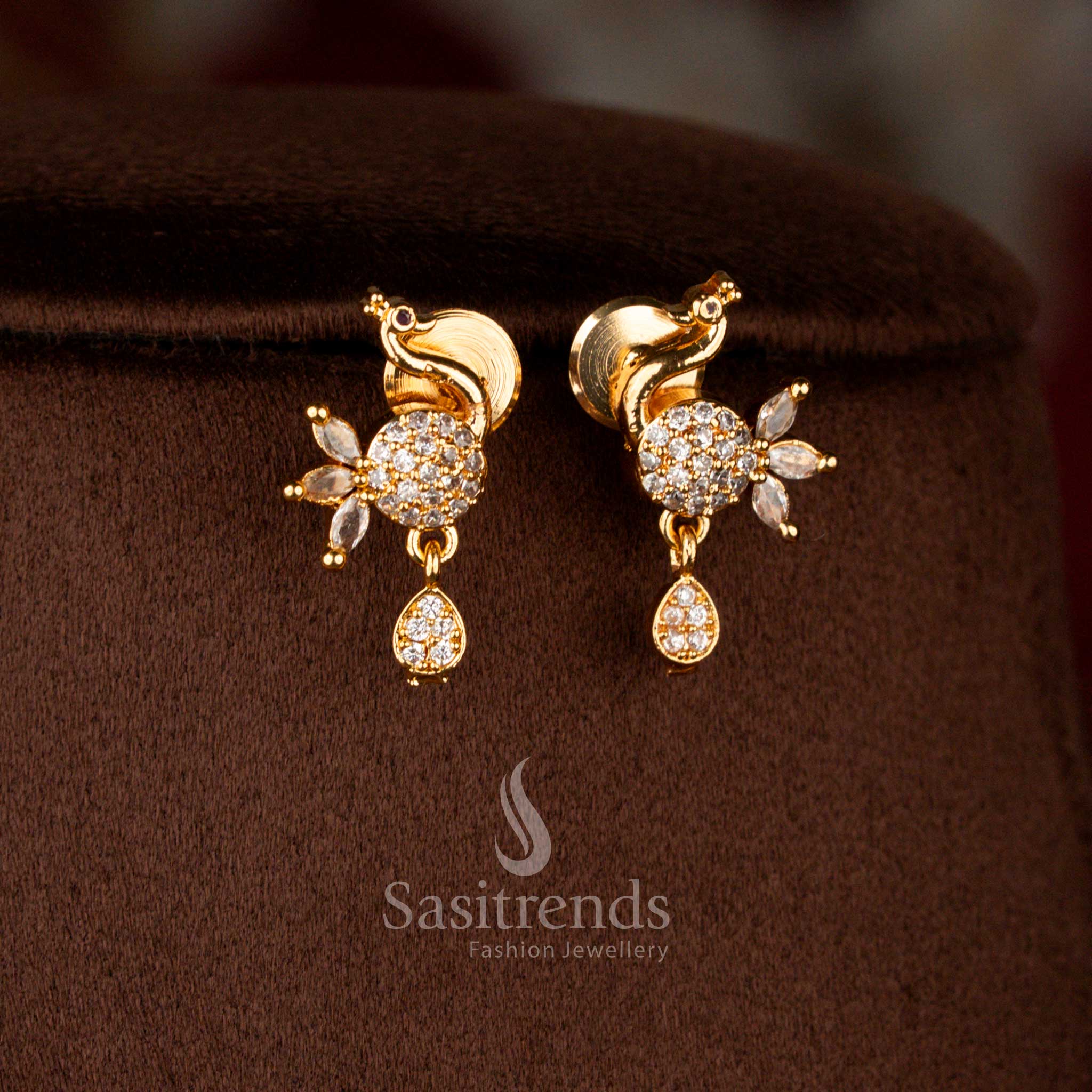 Ornate micro gold plated peacock dangle earrings in white with lustrous pearl highlights, perfect for pairing with statement necklace – Sasitrends