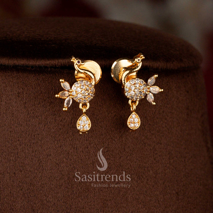 Ornate micro gold plated peacock dangle earrings in white with lustrous pearl highlights, perfect for pairing with statement necklace – Sasitrends