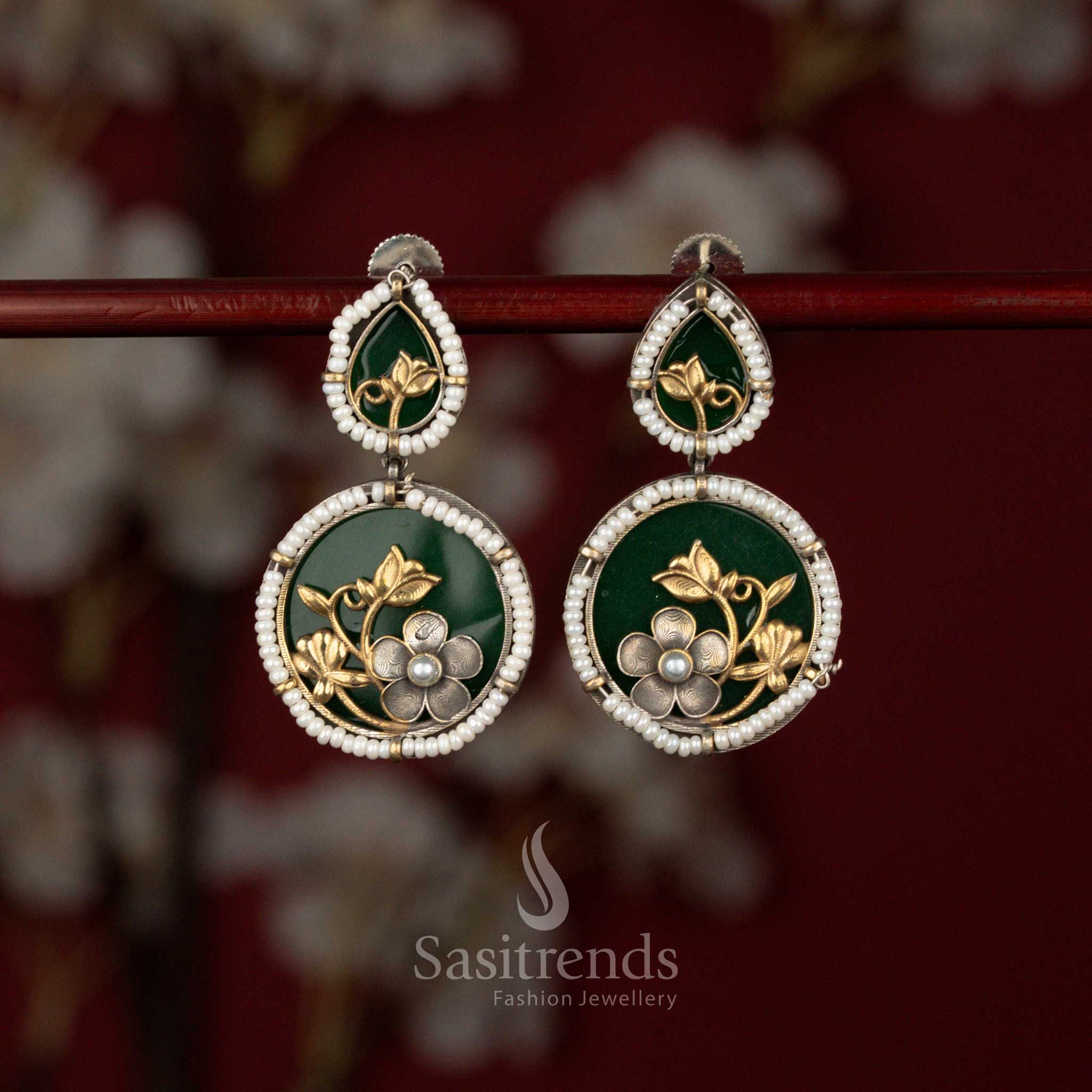Elegant oxidised floral disc earrings with pearl frame and green detailing perfect for office wear and day functions – Sasitrends