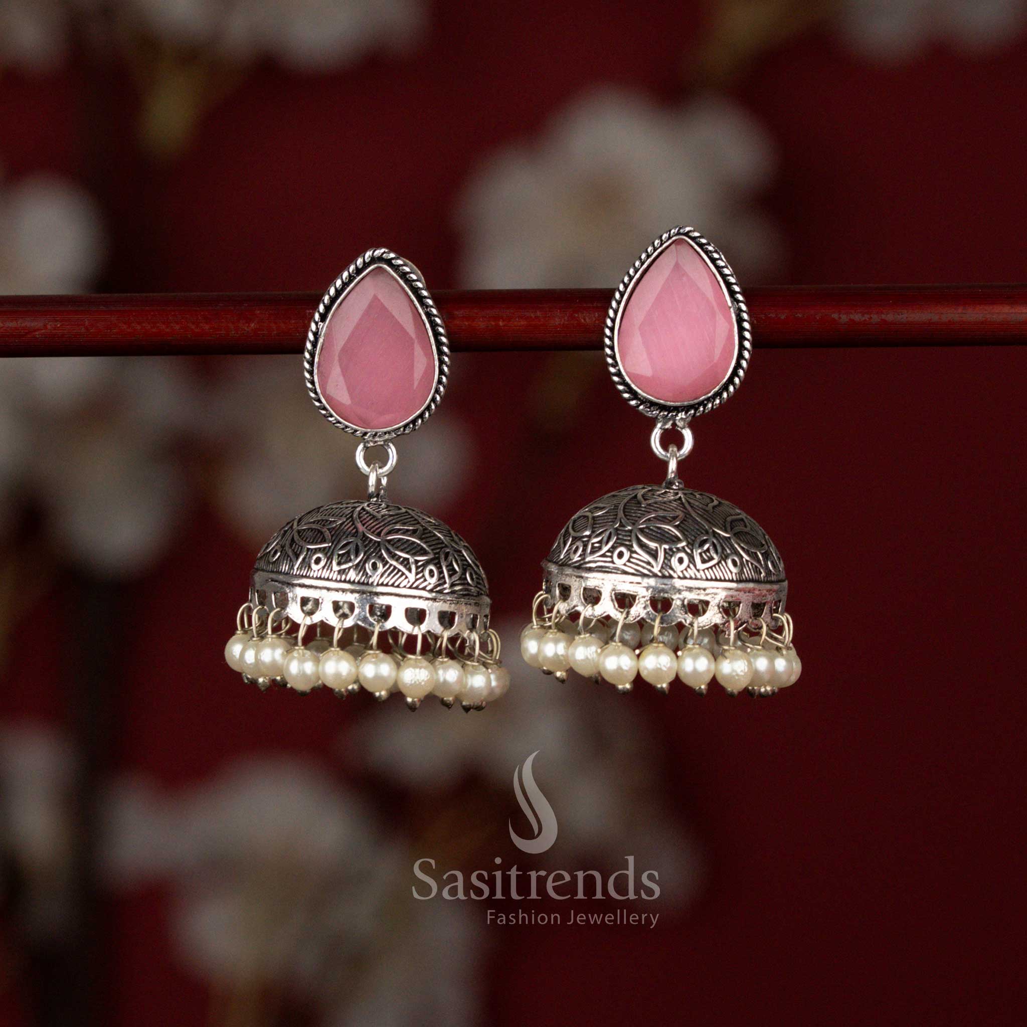 Charming oxidised silver plated Monalisa drop jhumka earrings with pink accent ideal for traditional outfits and celebrations – Sasitrends
