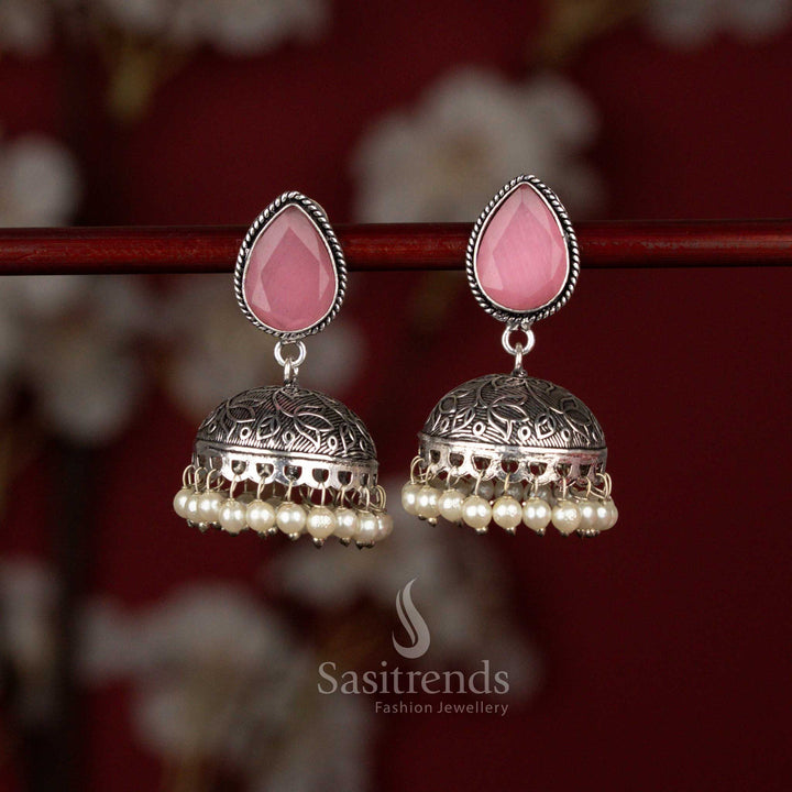 Charming oxidised silver plated Monalisa drop jhumka earrings with pink accent ideal for traditional outfits and celebrations – Sasitrends
