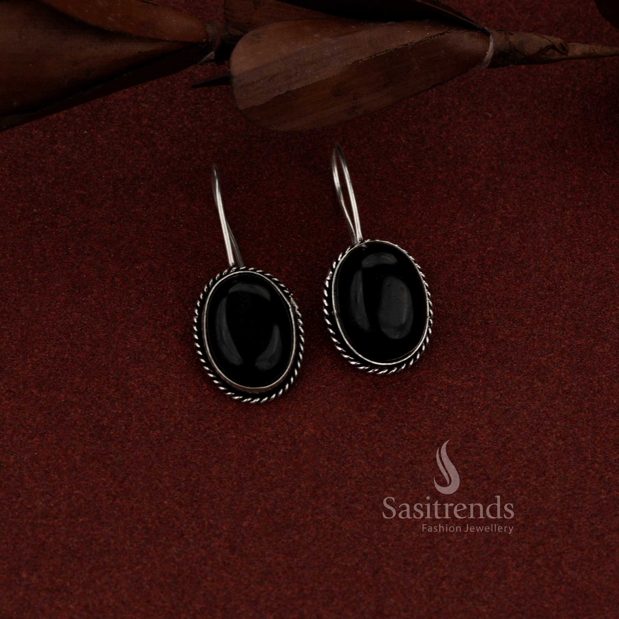Chic oxidised oval stone rope border drop earrings black perfect for office wear, daily elegance and casual outings – Sasitrends