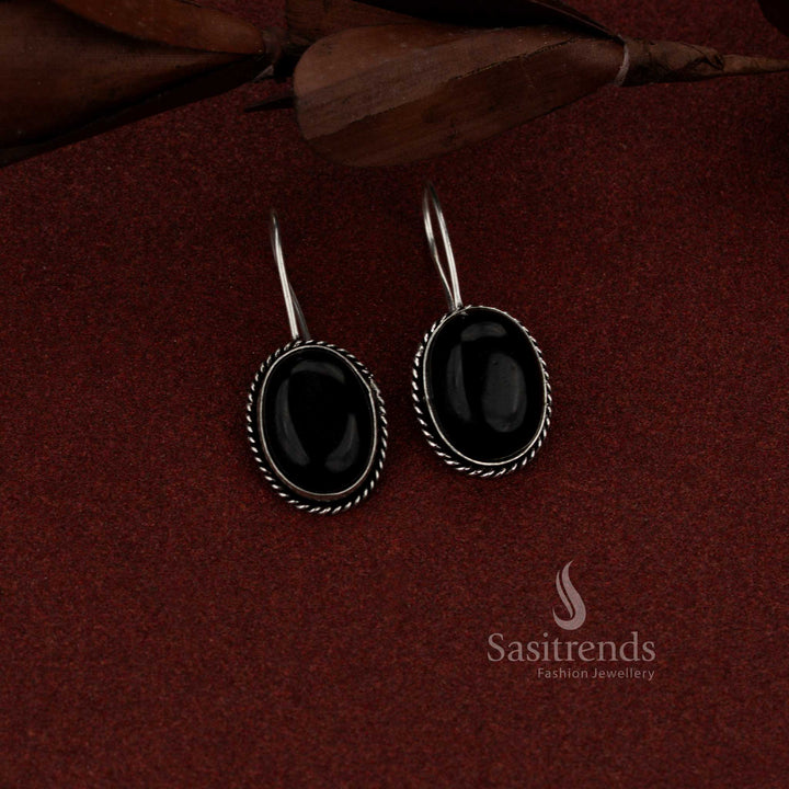 Chic oxidised oval stone rope border drop earrings black perfect for office wear, daily elegance and casual outings – Sasitrends