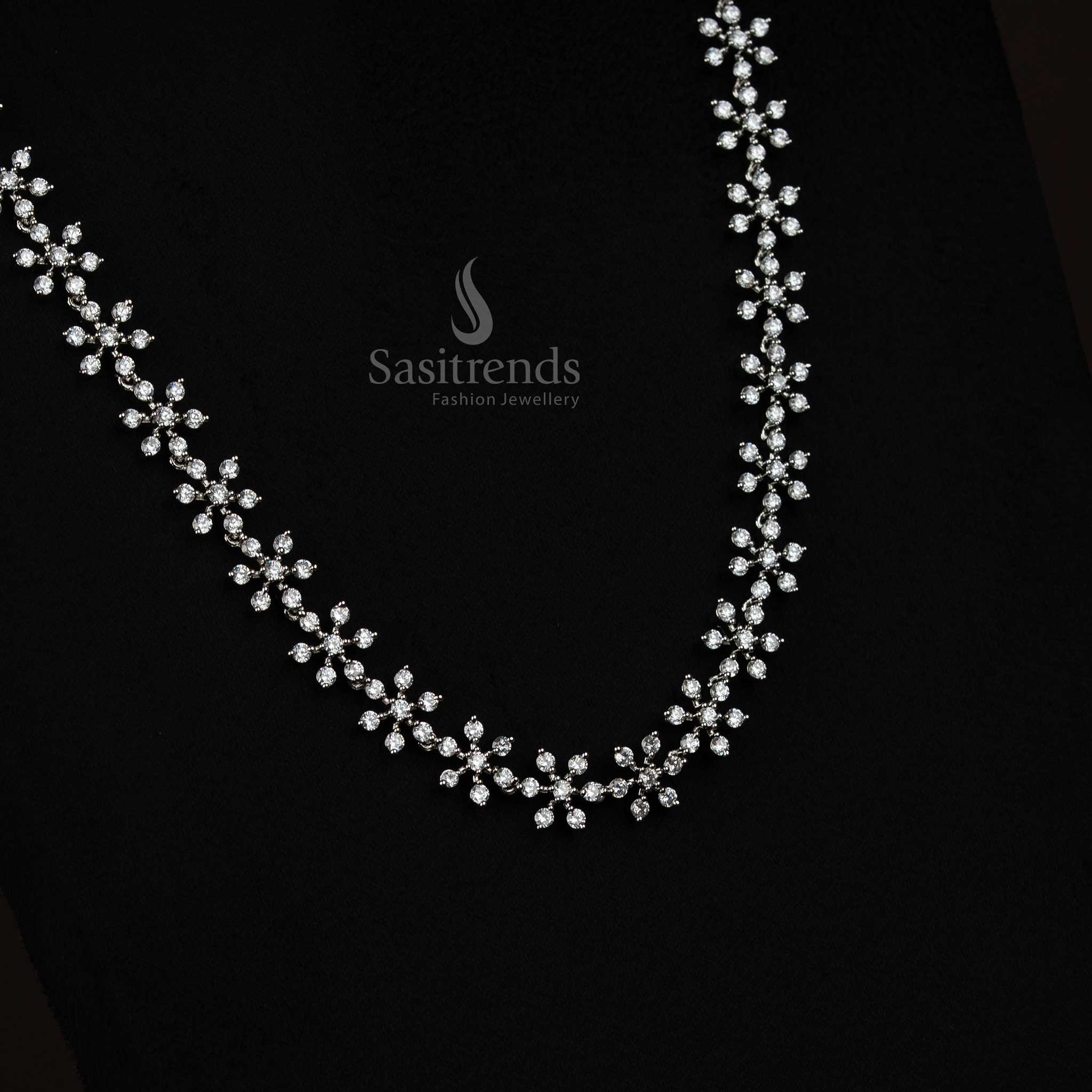 Stylish Floral Micro Gold Plated American Diamond Chain Long Necklace Set With Matching Studs For Women, Designed For Weddings, Parties And Traditional Wear – Sasitrends