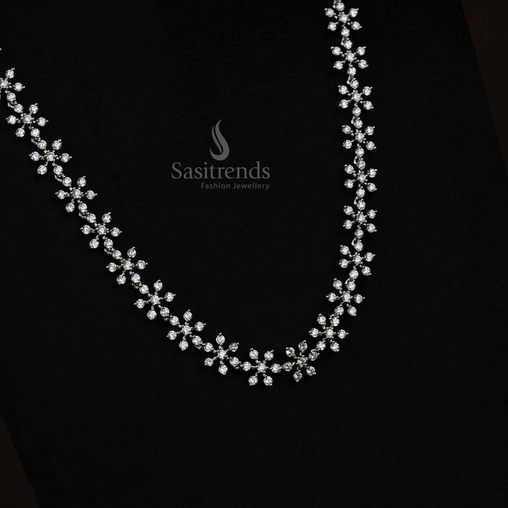 Stylish Floral Micro Gold Plated American Diamond Chain Long Necklace Set With Matching Studs For Women, Designed For Weddings, Parties And Traditional Wear – Sasitrends