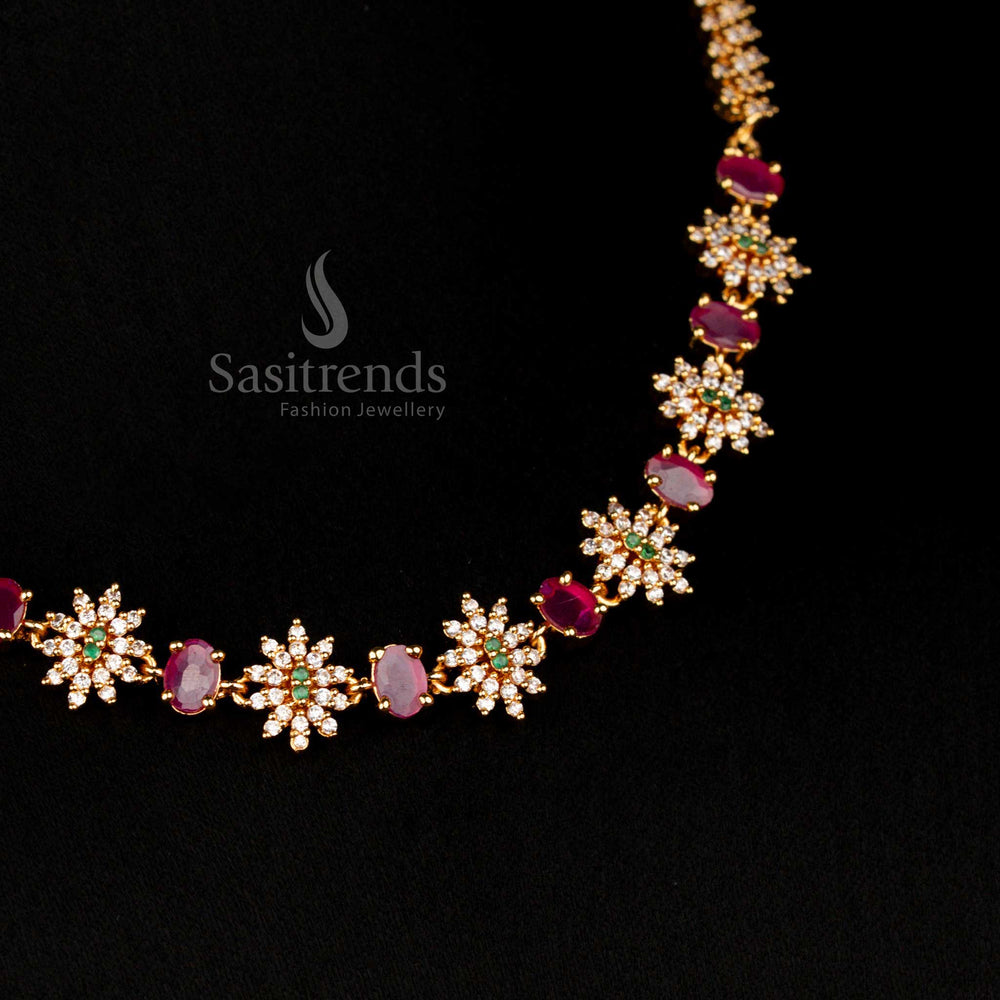 Opulent tradition micro gold plated American Diamond floral vine necklace jewellery set embellished with dazzling multi-colour oval gems for vibrant wedding elegance – Sasitrends