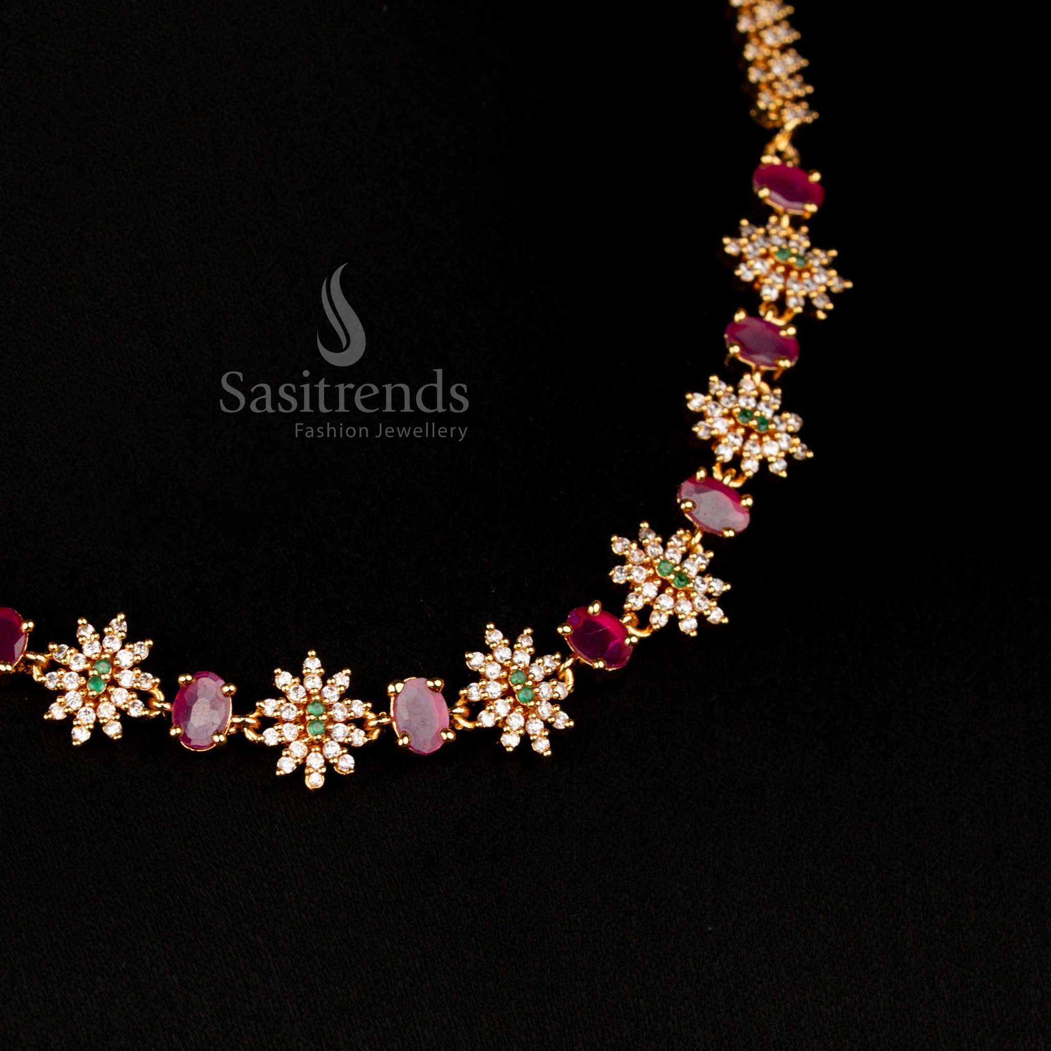 Opulent tradition micro gold plated American Diamond floral vine necklace jewellery set embellished with dazzling multi-colour oval gems for vibrant wedding elegance – Sasitrends